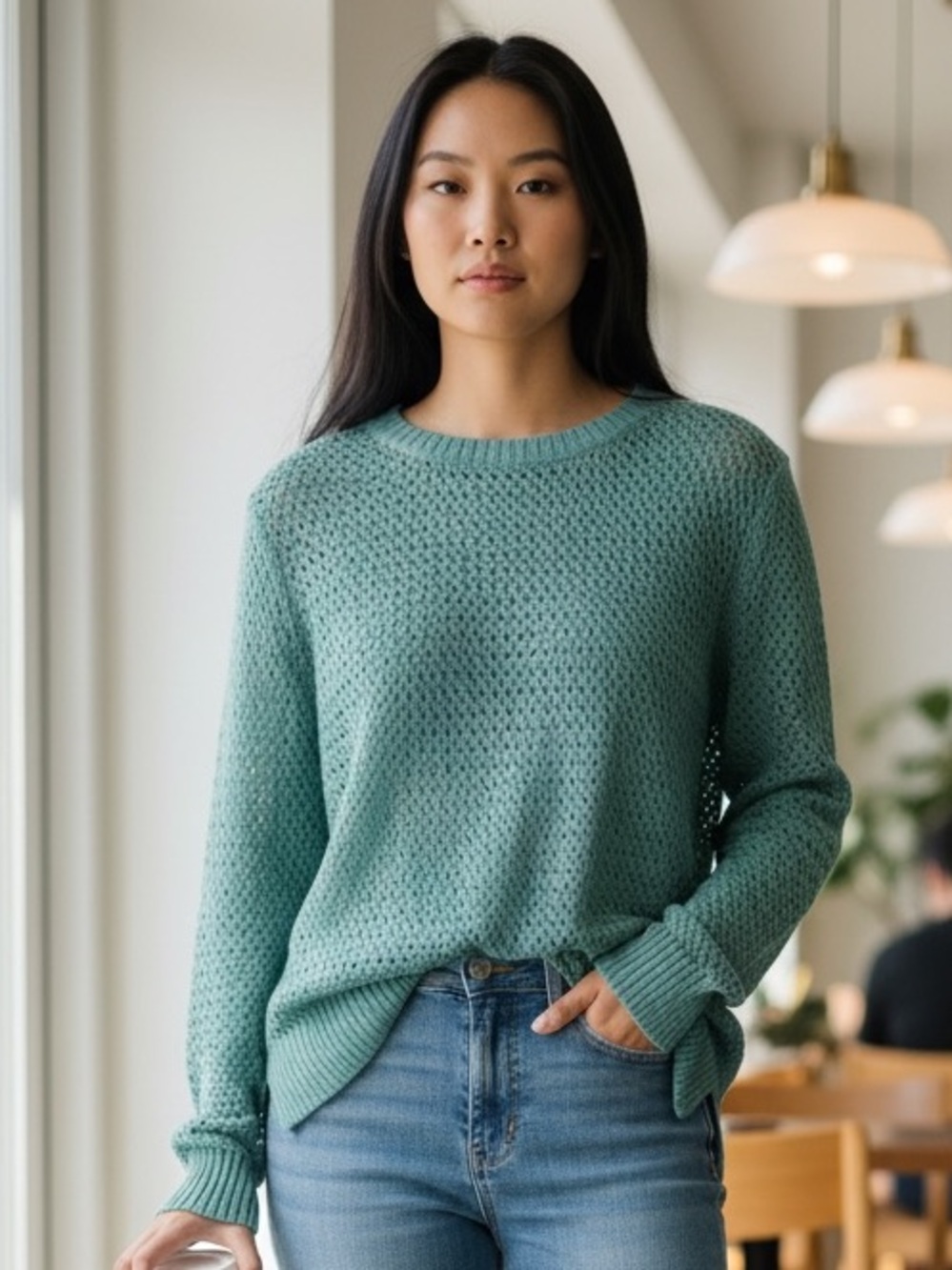 LOFT Petite XSP Lightweight Knit Sweater Blue Green Crew Neck NWT